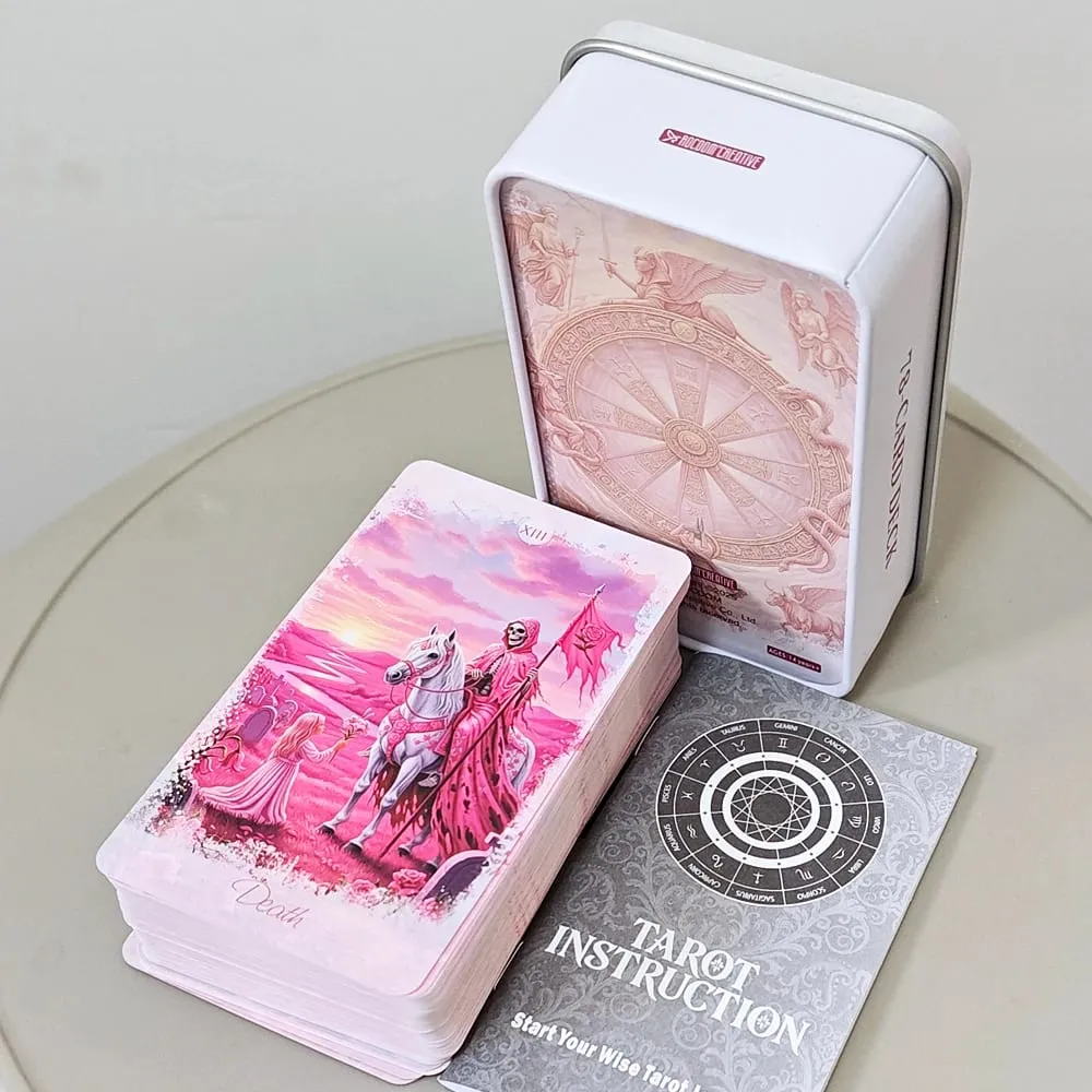 Pink Romantic Fantasy Tarot Deck in Tin Box 11*6.2cm 78-Card Full Deck with Instruction Book Spiritual Divination Oracle