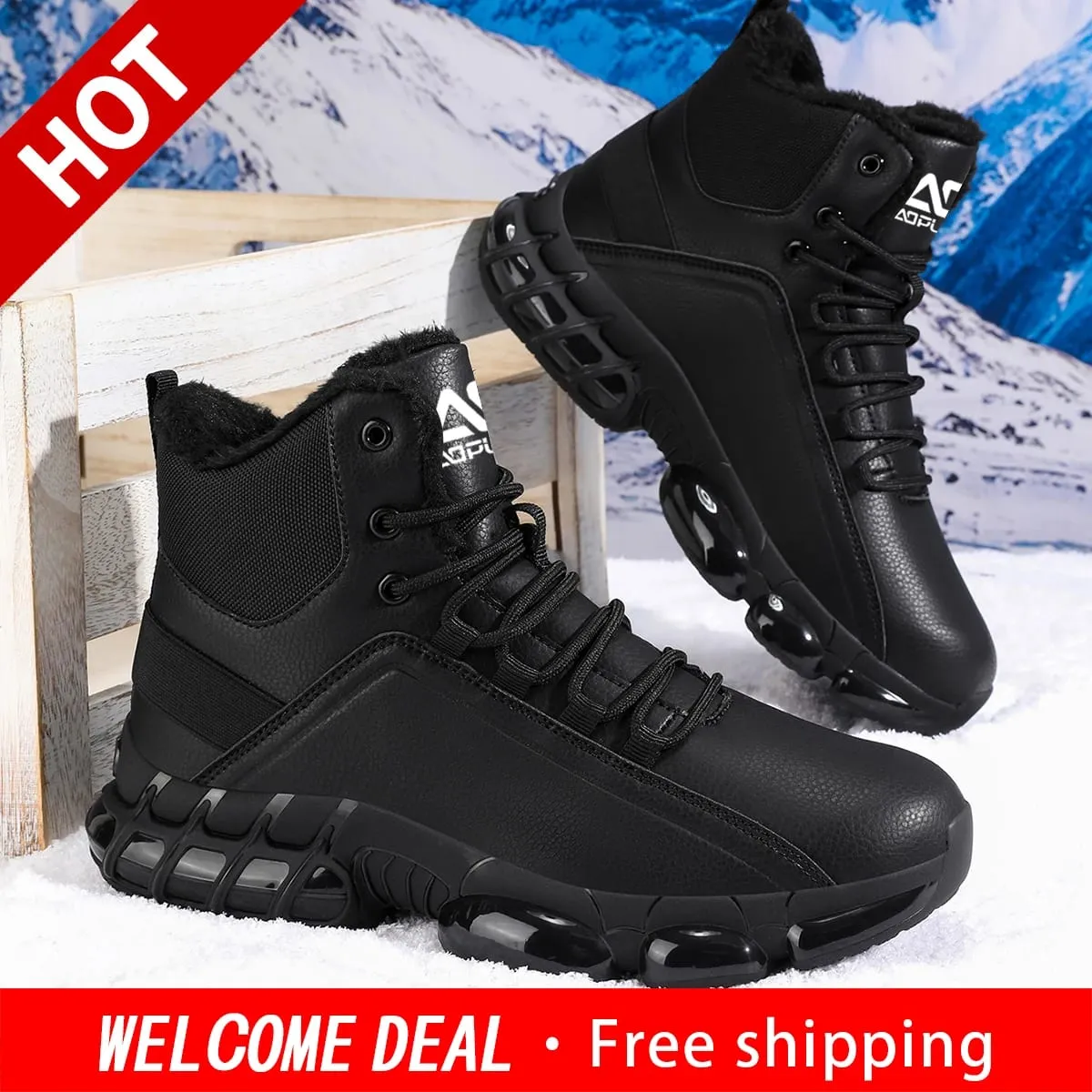 Men Autumn Winter High‑Top Fleece‑Lined Snow Boots Warm Casual Sneakers Non‑Slip Outsole for Hiking Outdoor Snow‑Day Activities