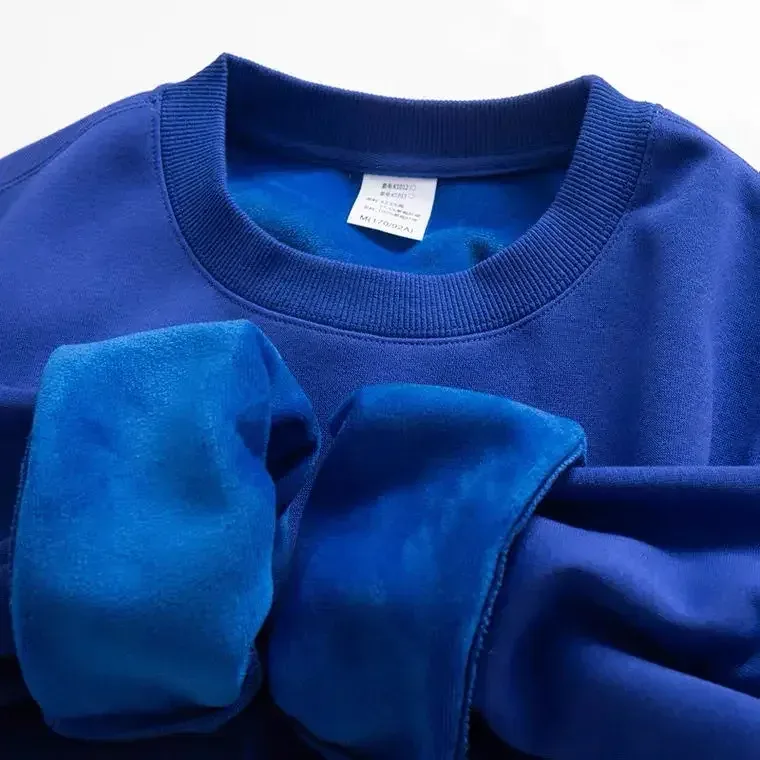 Sudadera gruesa de felpa de algodón de 600G, suéter fino de felpa pesado, suéter de cuello redondo sólido, suéter cálido para otoño e invierno