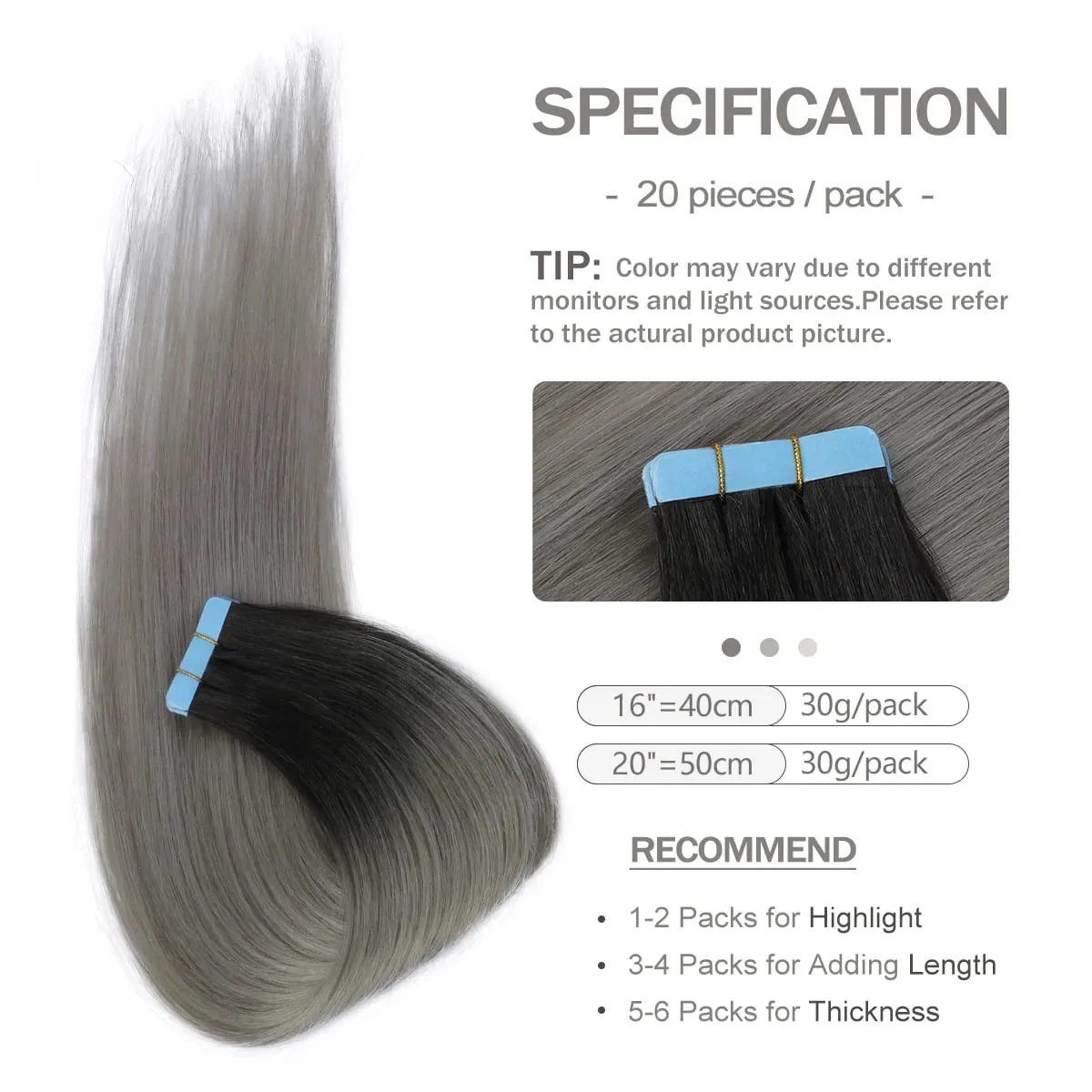 MRS HAIR Tape-In Hair Extensions 12-24 Inch 20pcs Natural Human Hair Real Extension T1B Gray Skin Weft Adhesive Tape Ins