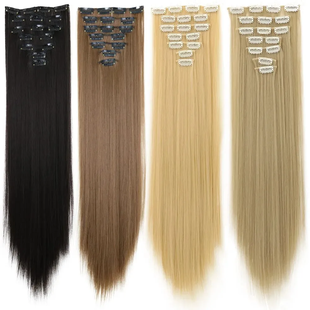 7Pcs 16 Clips Clip In Hair Extensions 150g Long Straight Synthetic Hair Pieces For Women Natural Black Brown Highlight Blonde