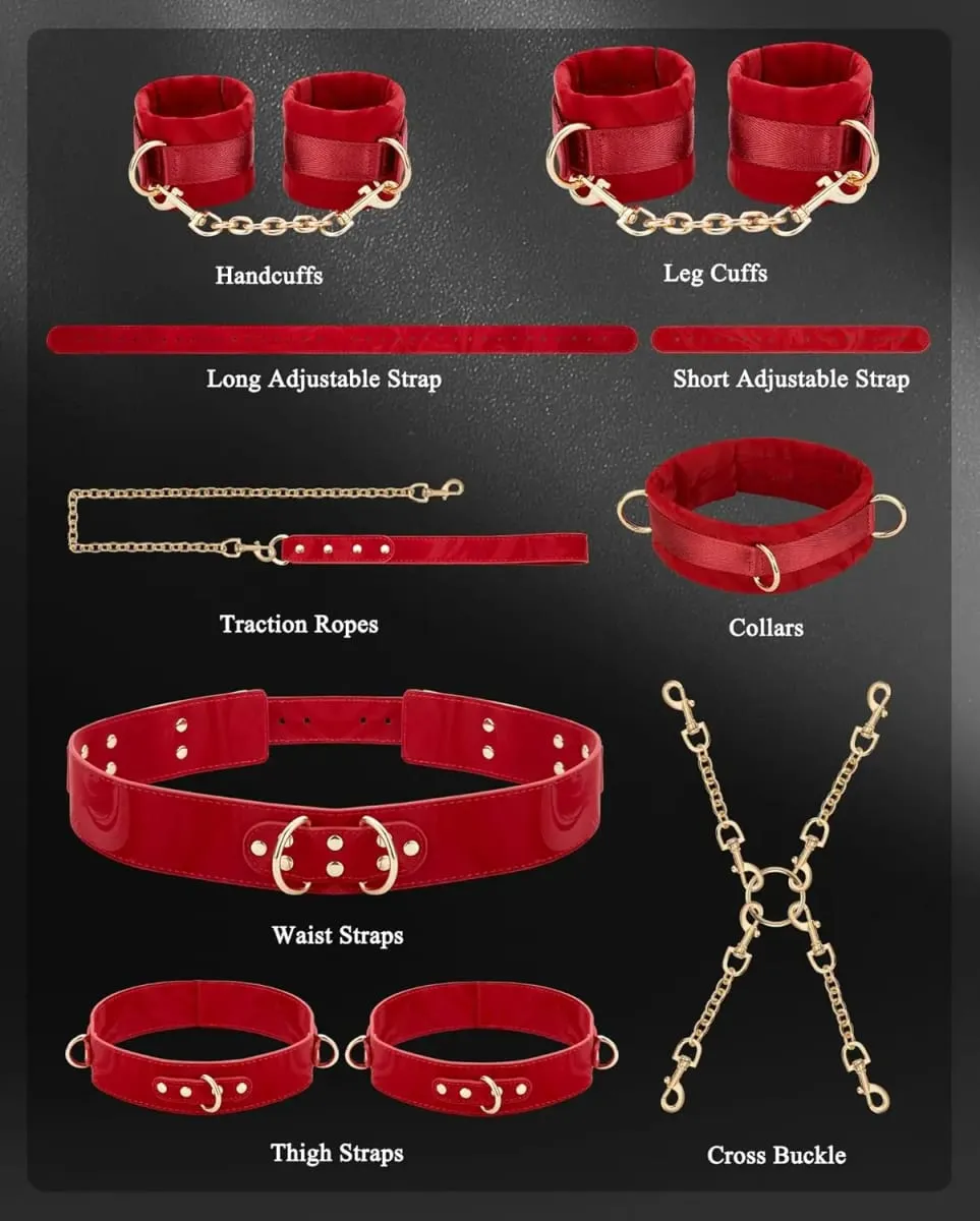 Sex Bondage BDSM Kit Mga Pagpigil mula sa Leeg hanggang sa Pulso SM Naaayos na Posas Bukong Thigh Cuff Cross Waist Strap Traction Chain Collar