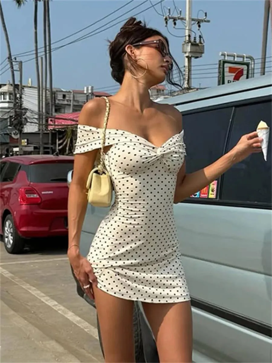 Whatiwear Sexy Trend Dress Women Polka Dot Print Slash Neck Ruched Patchwork Sleeveless Fashion Summer Street Party Mini Bodycon