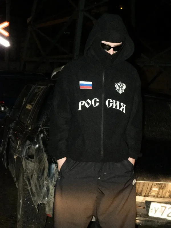 Hip Hop Face Cover Hoodie Unisex Loose Black Zip Up Sweatshirt Eagle Flag Printed Design