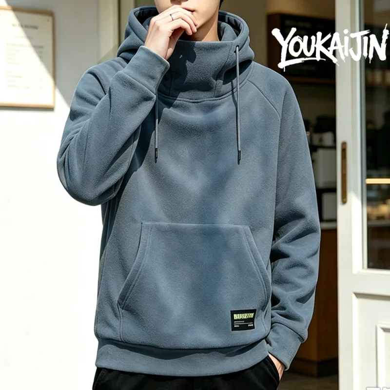 Men's Polar Fleece Sweatshirt Solid Color Street Style Autumn Winter Hood Sports Windproof Oversized High Collar Hoodie 5XL