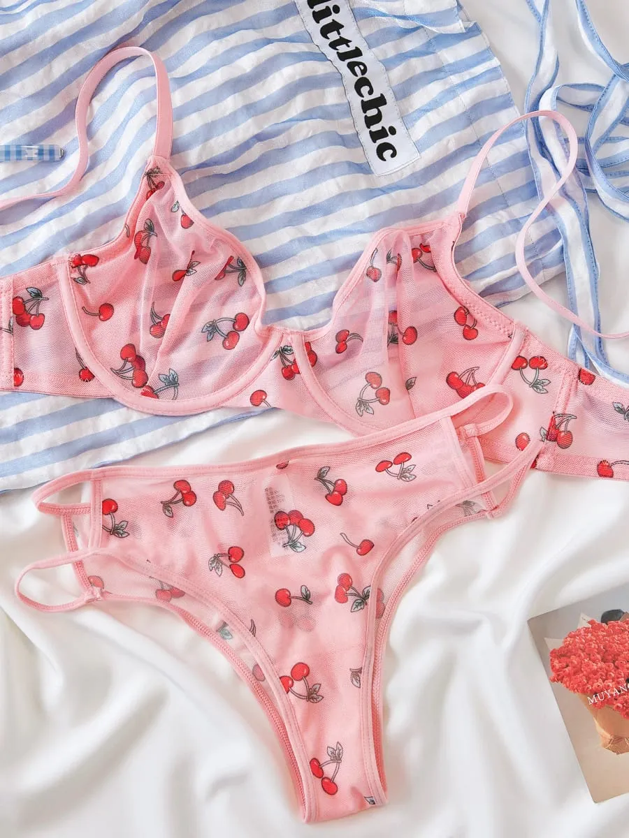 Pink Cherry Lace Bras Set with Mesh Overlay Lingerie Birefs Suit Lightweight Plus Size Underwear Sexy Lace Adjustable Bra Sets