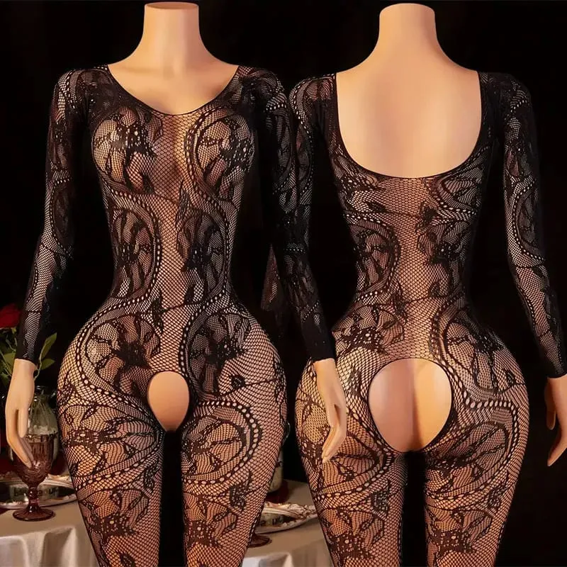 Women's Black Lace Fishnet Halter Neck One-Piece Bodystocking Wireless Unlined Stretch Mesh Lingerie One Size 8 Styles