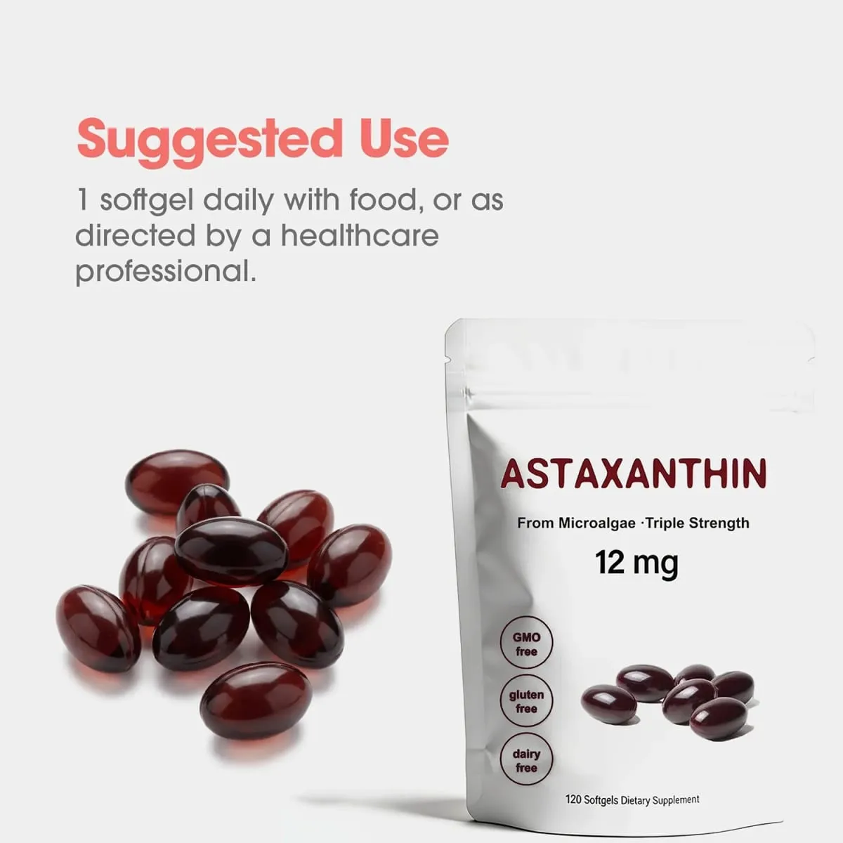 Astaxantina 12 mg Suplemento antioxidante Cápsulas blandas para mujeres y hombres Fórmula premium de triple fuerza | Sin OGM Sin gluten Sin soja