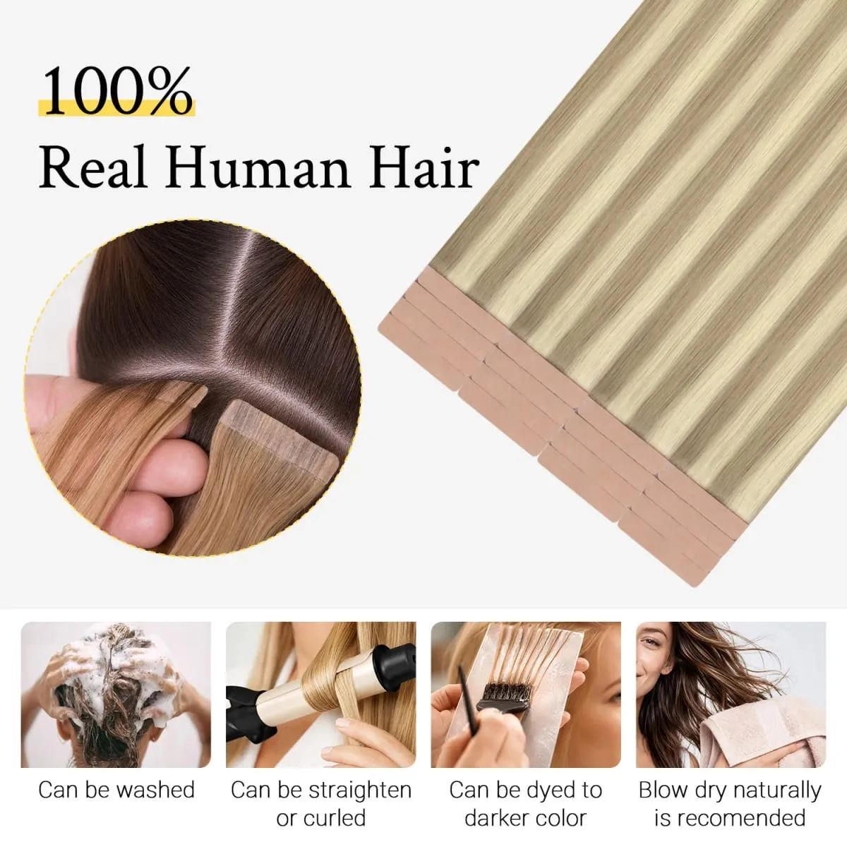 Sunmofavo Seamless Tape In Hair Extensions 100% Real Remy Human Hair Straight Ash Brown To Platinum Blonde Ombre Silky Glossy 20Pcs 50g Firm Hold After Heat Application Instant Volume Salon Professional Tape Ins