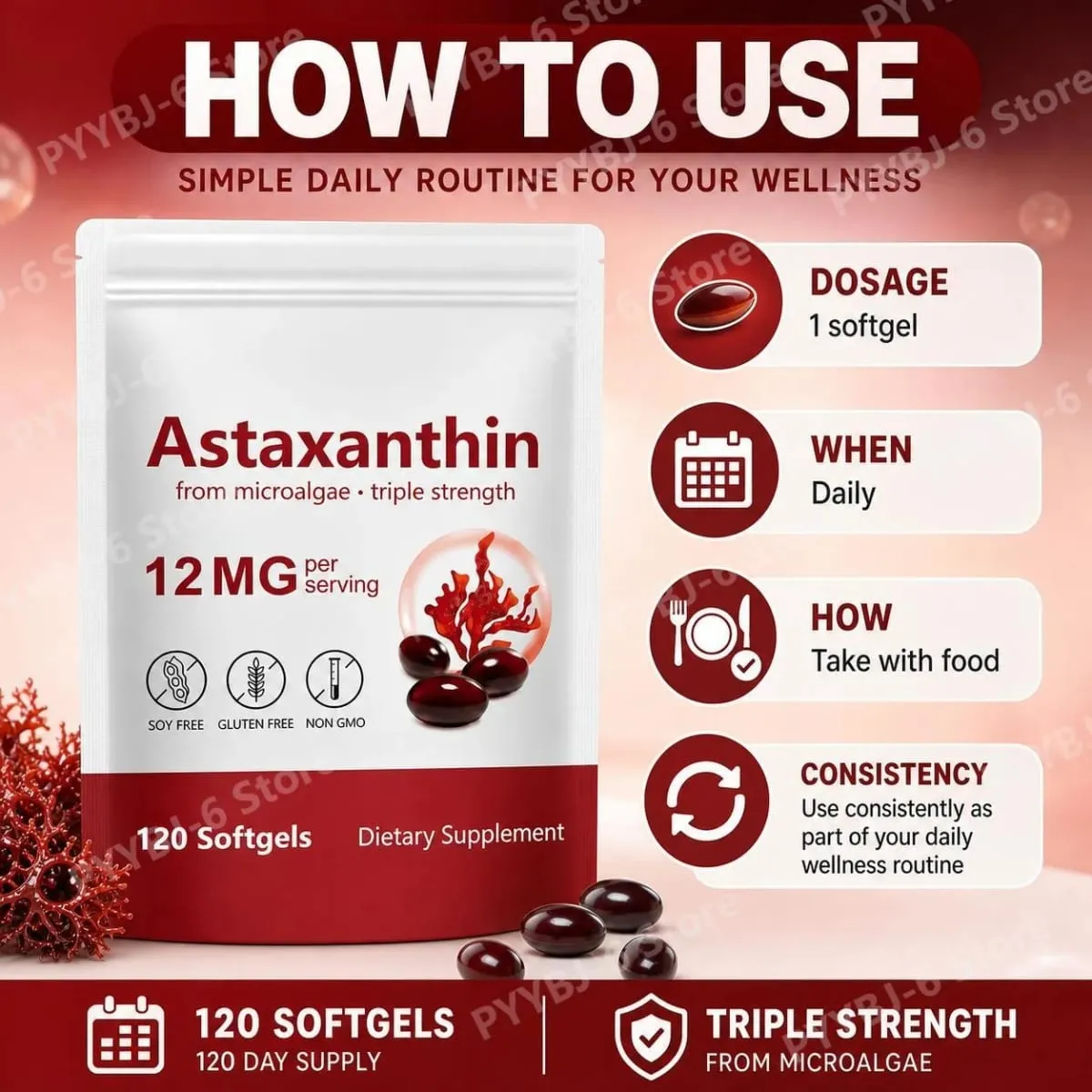 Astaxanthin Softgels Triple Strength From Microalgae Υποστηρίζει την υγιή γήρανση Προωθεί το κολλαγόνο που υποστηρίζει το φραγμό του δέρματος 120 Softgels
