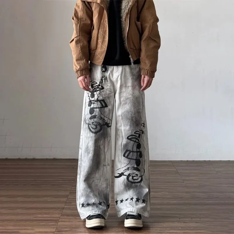 2026 New Retro Graffiti Printed White Baggy Jeans For Men High Street Straight Wide Leg Denim Pants Hip Hop Graphic Y2K Jean
