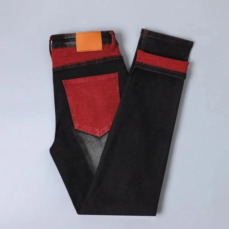 Streetwear Men Patch Ripped Jeans Black Red Design Slimming Men's Clothing Stretch Cozy Denim Pants Hip Hop Trend Trousers