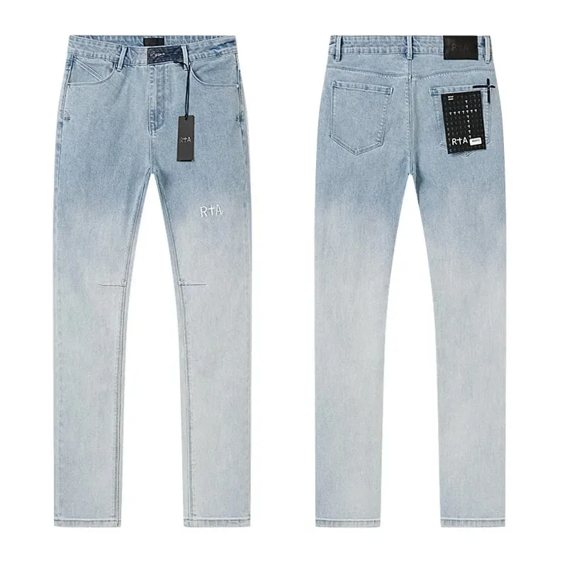 New RTA Destroyed Scratch Hole Light Blue Distressed Jeans Men's High Street Elastic Slim Fit Jeans 2026 Brand Pants Streetwear