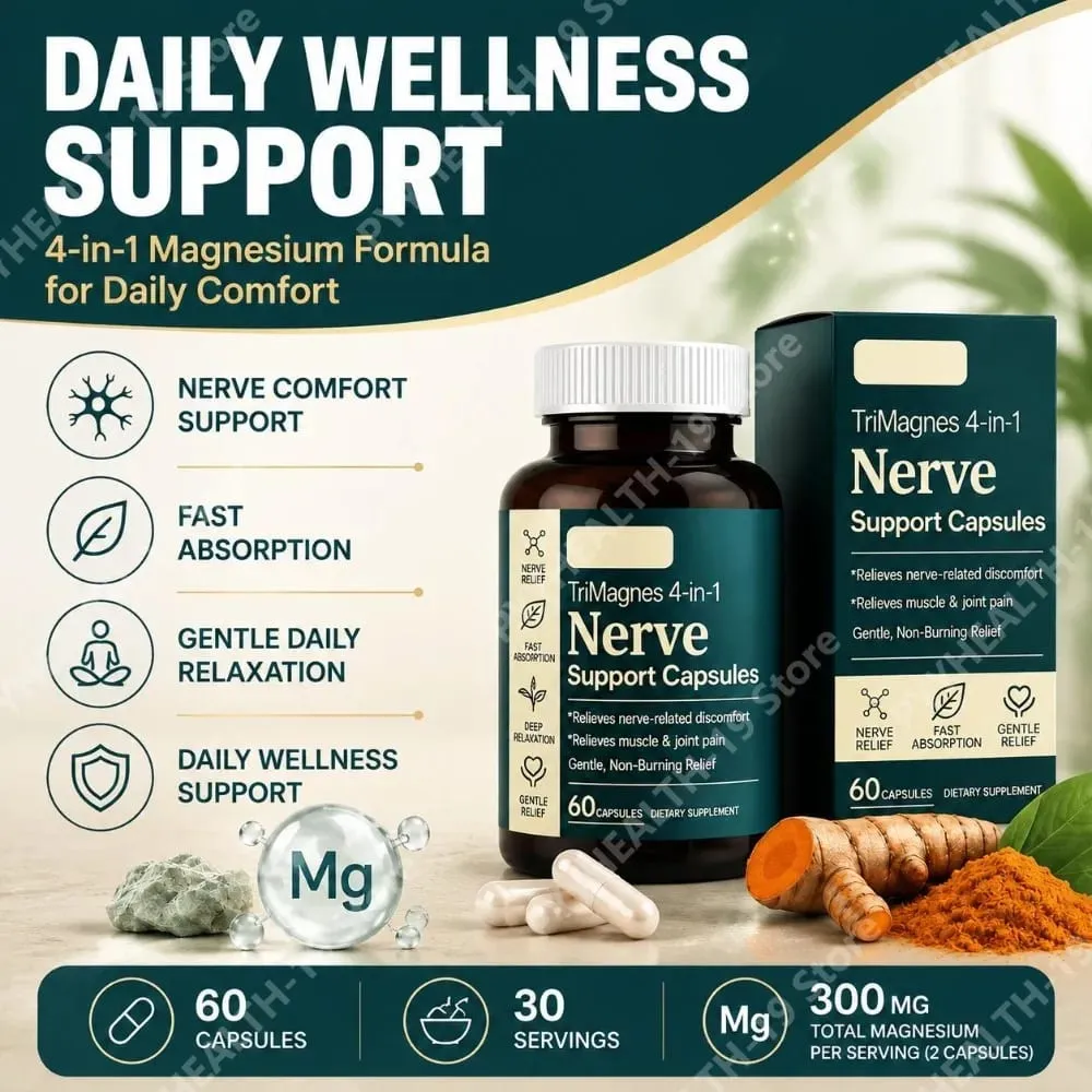 TriMagnes 4-in-1 Magnesium Complex Capsules 300mg with Citrate Glycinate Malate Turmeric for Nerve Comfort Muscle Relax 60 Ct
