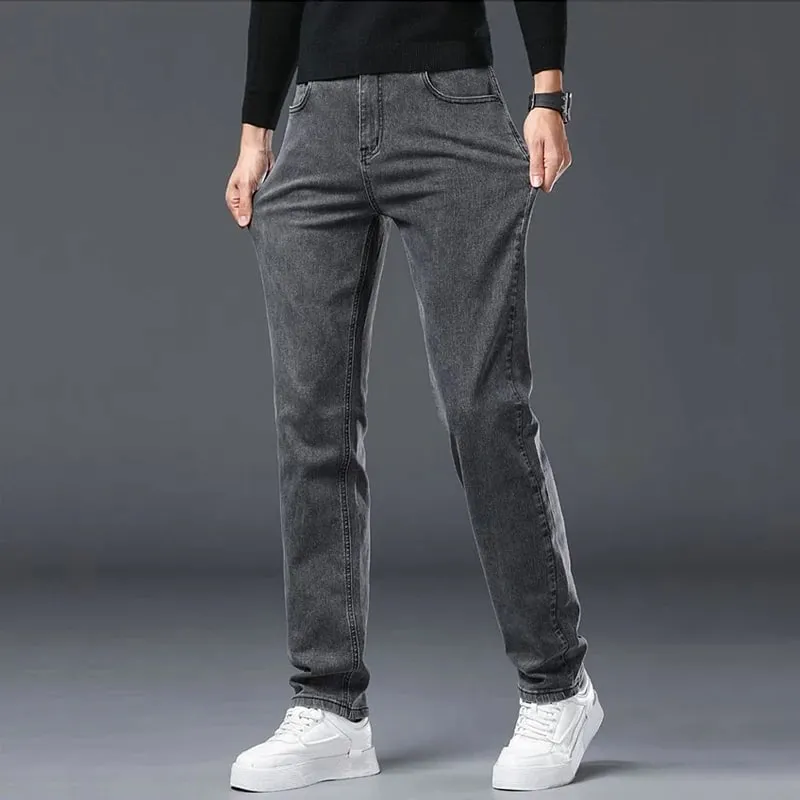 Spring New Men's Slim Fit Elastic Jeans Fashion Gray Comfortable Casual Denim Pants Korean Business Work Straight Black Trousers