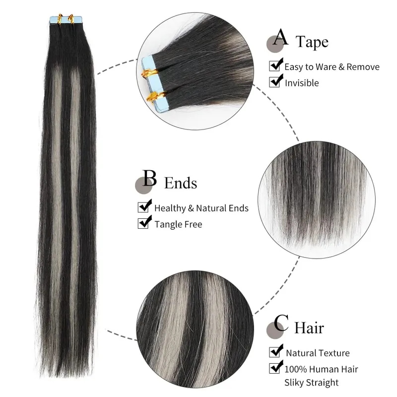 Doreen European Real Remy Human Hair Tape In Extensions 16 to 24 Inch 20Pcs 50g PU Seamless Balayage Silver Grey Hair Black Root