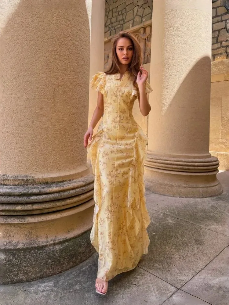 Floral Print Stand Collar Ruffled Tiered Dress Waist Cinched Flutter Sleeve 2026 Summer Women Dress Casual Delicate Lady Vestido