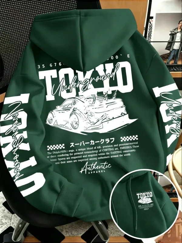 Autumn Winter New Men'S Tokyo Underground Racing Line Drawing Print Hooded Sweatshirt Japanese Street Trendy Top