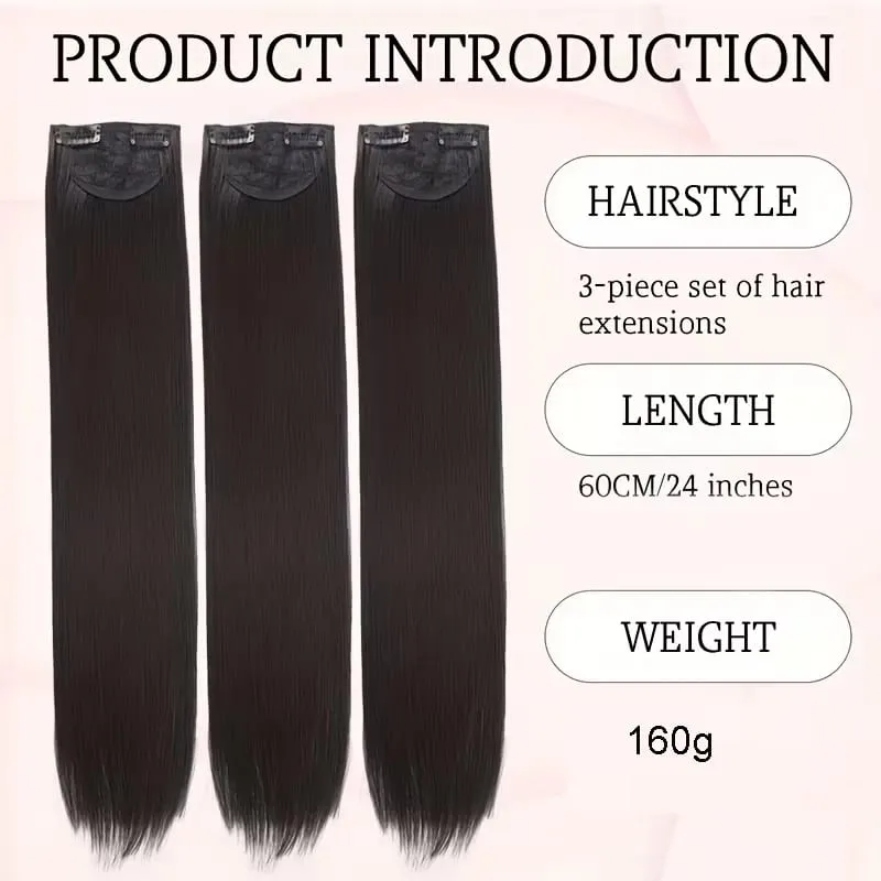 24Inch Synthetic 3pcs/set Long Straight Hair Extension Lightweight Black Brown Hair Accessories for Women Daily