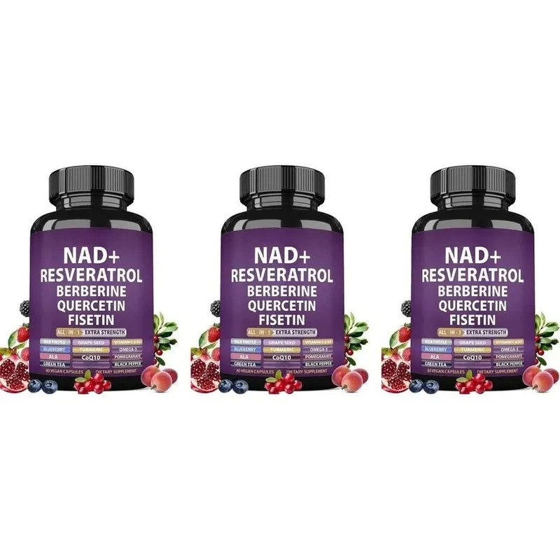 NAD+ Integratore di Resveratrolo con Berberina Quercetina Fisetina CoQ10 Vitamina C D3 60 Capsule Vegane per il Supporto Nutrizionale Quotidiano