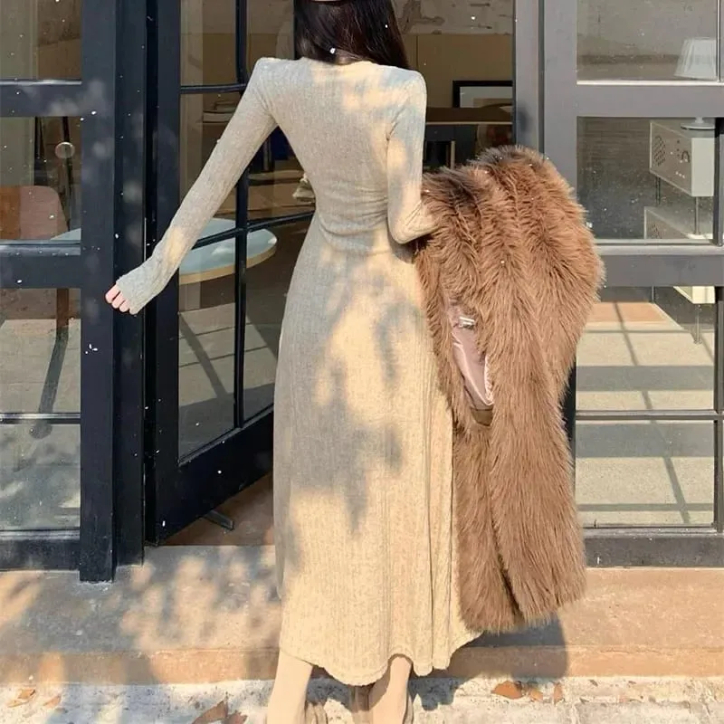 Smvp Gaun Rajut Pinggang Tinggi Ramping Elegan Gaun Panjang Hangat Tebal Lengan Panjang Musim Gugur Musim Dingin Wanita Vestidos Pakaian Jalanan Antik — image 3