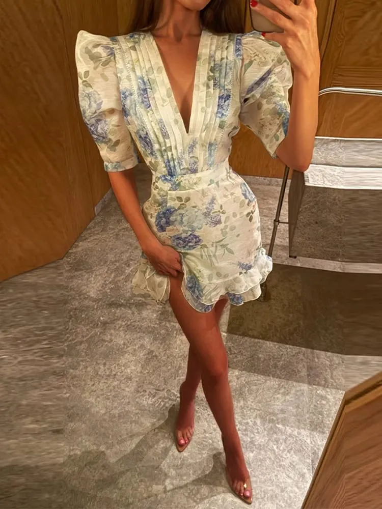 Floral Print Side Split V-Neck Mini Dresses Slim Fitwaist Cinching Puff Sleeve 2026 Summer Elegant Women Party Sweet Vestidos