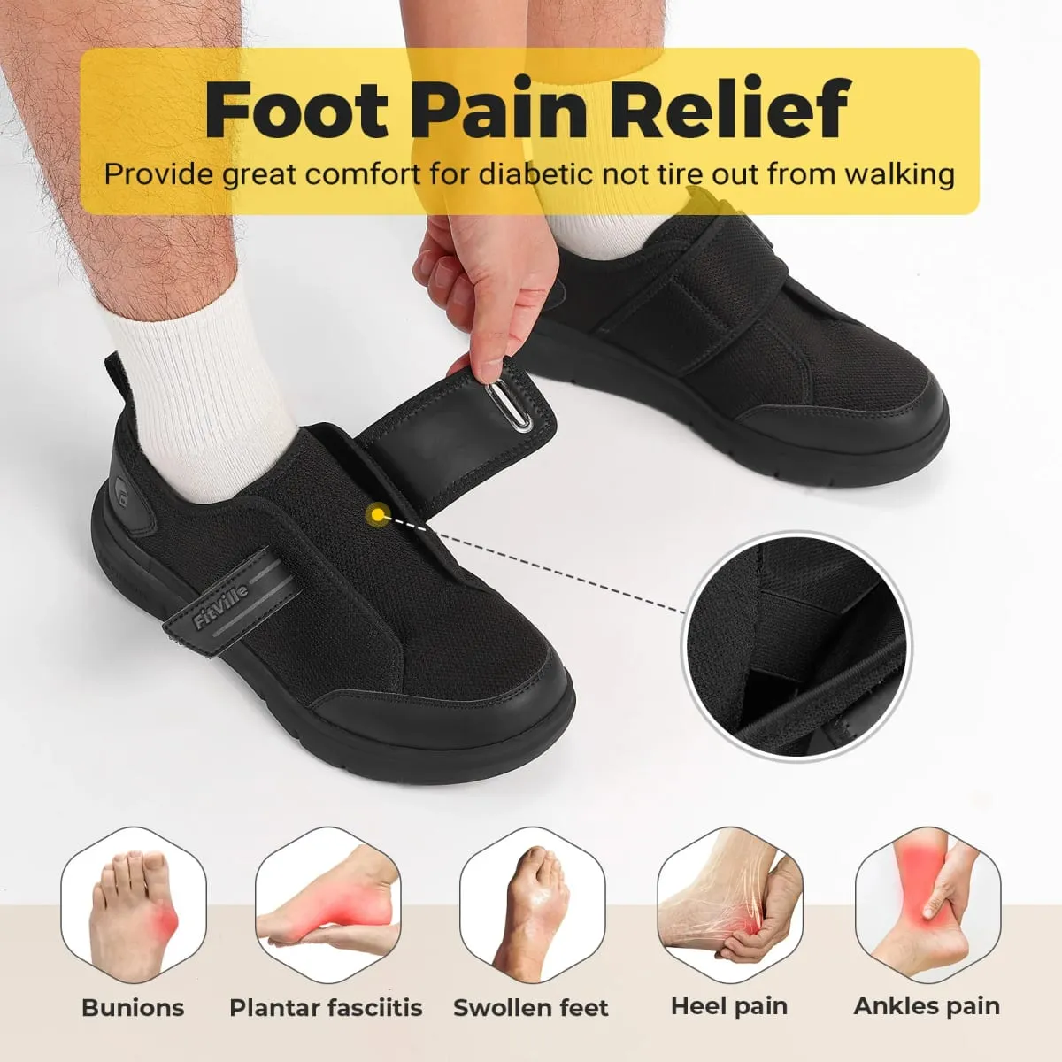 FitVille Diabetic Shoes for Men Extra Wide Hook and Loop Walking Shoes for Elderly for Swollen Feet Foot Pain Relief Neuropathy