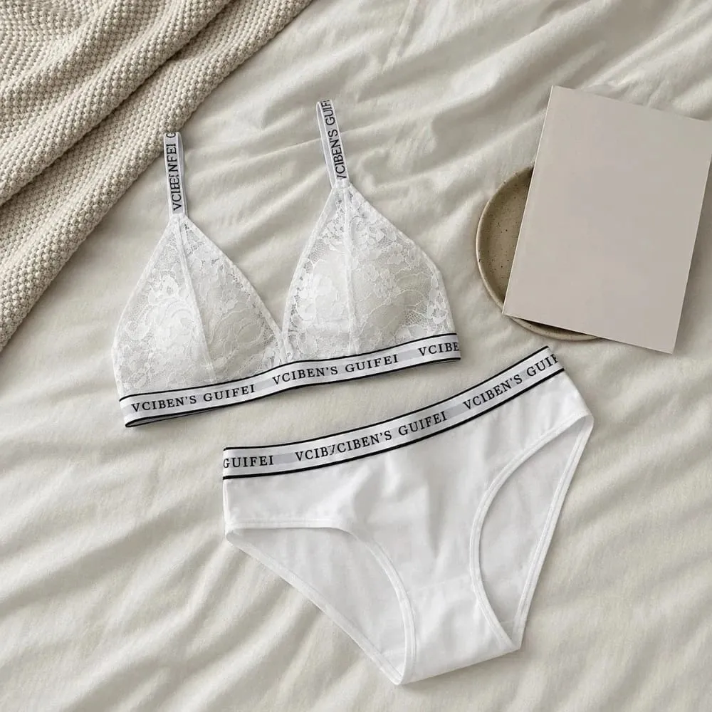 Breathable Letter Design Lingerie Set Deep V Lace Women Underwear Suit Color Blocking Wireless Bra Panties Set Famle