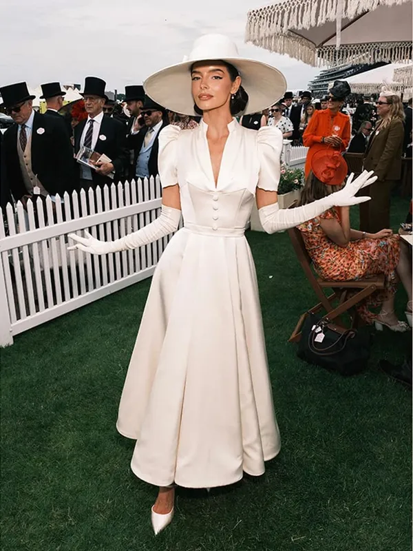 Deep V-neck Waist Cinching Big Swing Long Dress Women Sexy Puff Short Sleeve Solid Slim Evening Dresses Charming Ladies Vestidos