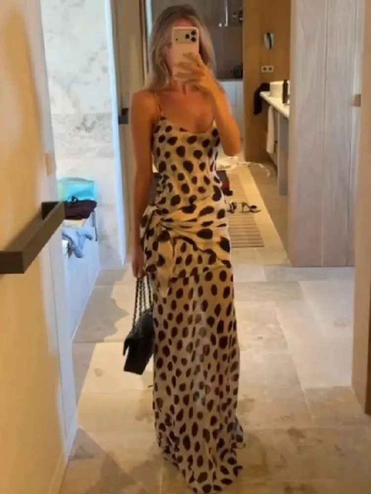 Fashion Slip Dress Animal Print V-neck Ruched Drawstring Sexy Maxi Women Dresses Beach Vacation Stylish Summer Party Outfit 2026
