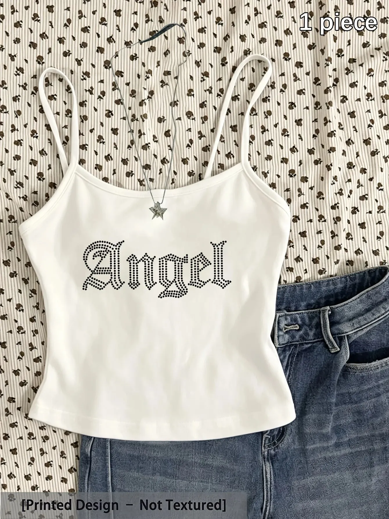 Y2K Angel Faux Rhinestone Gothic Font Graphic Cami Top Women Sleeveless Slim‑Fit Black Crop Spaghetti Strap Tank Vest