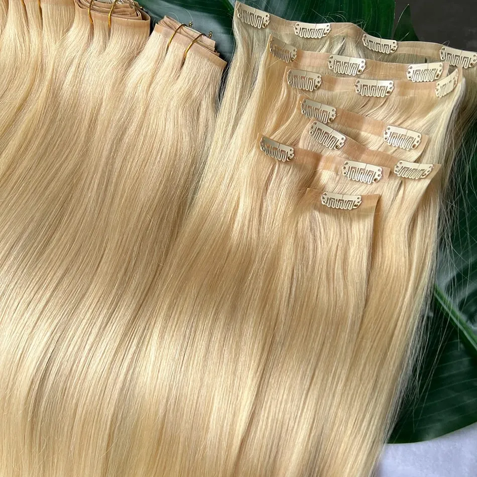 Straight #613 Blonde Color PU Weft Seamless Clips in Human Hair Extensions Invisible 100grams 7Pcs/Set Full Head Virgin Hair