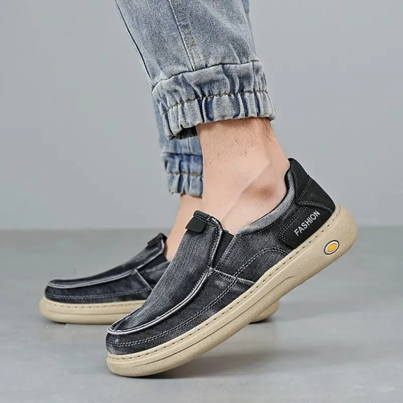 New Quality Denim Cloth Casual Man Shoes Fashion Men's Sneakers Slip on Walking Flats Breathable Lightweight Driving Work Shoes