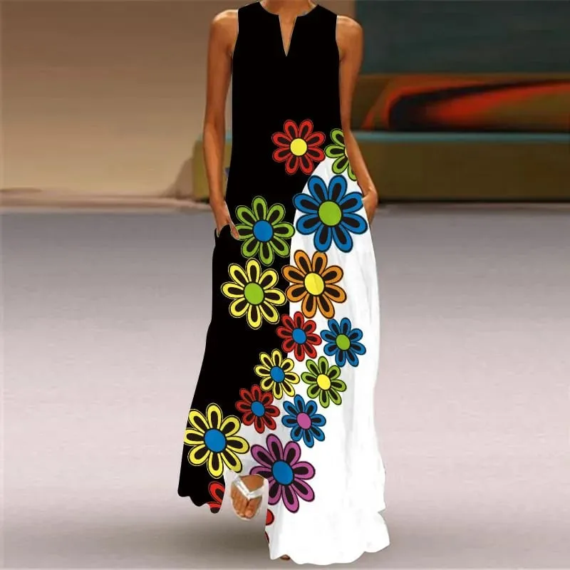 Women Dresses 2026 New summer wear sleeveless long dress V-neck printed emerald flower dress women's clothing vestidoes