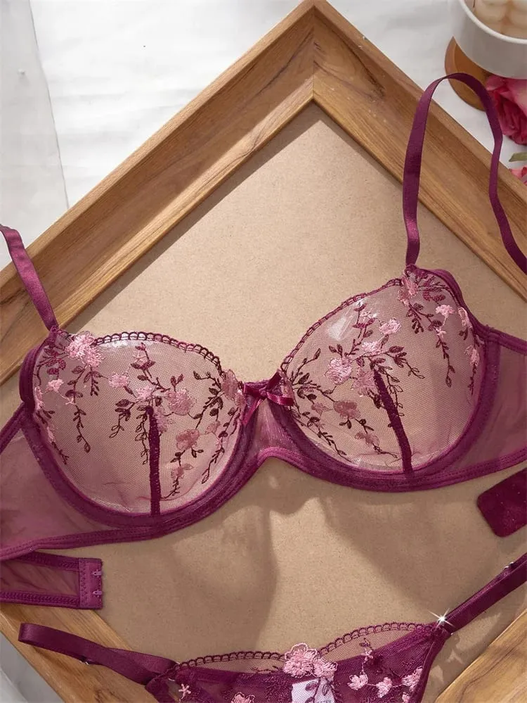 Romantic Women's Underwear Ultra Thin Floral Embroidery Sexy Lingerie See Through Pure Desire Lingerie Set Push Up Sexy Bras