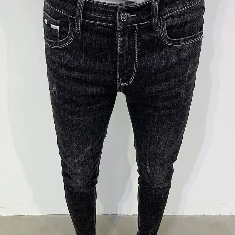 Nuevos pantalones vaqueros negros ajustados de estilo coreano para hombre con diseño bordado, pantalones vaqueros para ropa informal y de lujo, pantalones elásticos