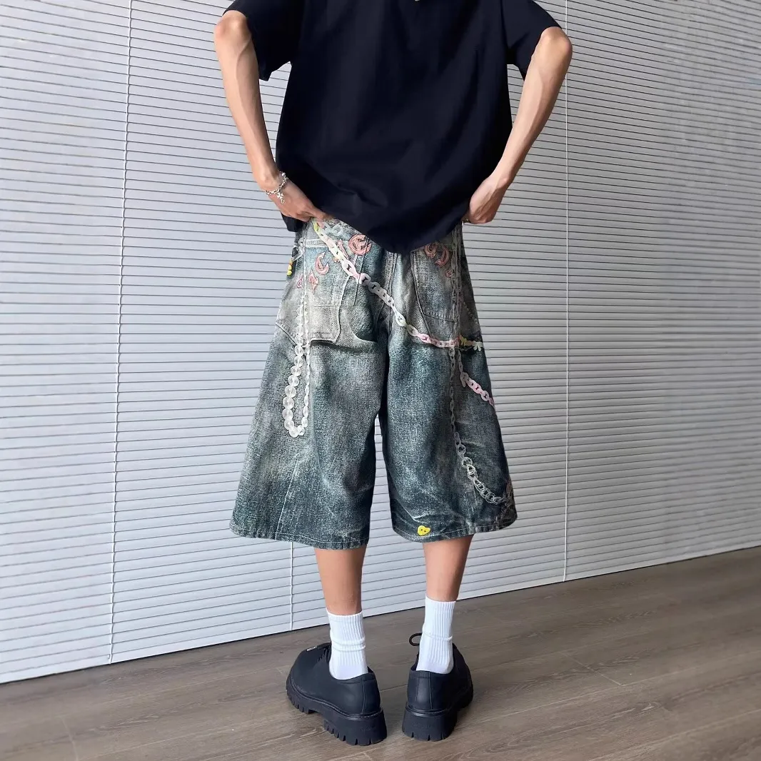 3D Print Baggy Jeans Shorts Men Streetwear Candy Chain Patchwork Summer Wide Leg Casual Loose Knee Length Pants Oversized