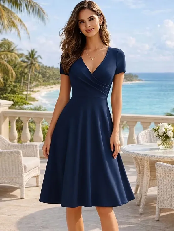 Abito da donna elegante girocollo estivo manica corta tinta unita linea A al ginocchio abito a vita alta spavaldo matrimonio festa partenza casual