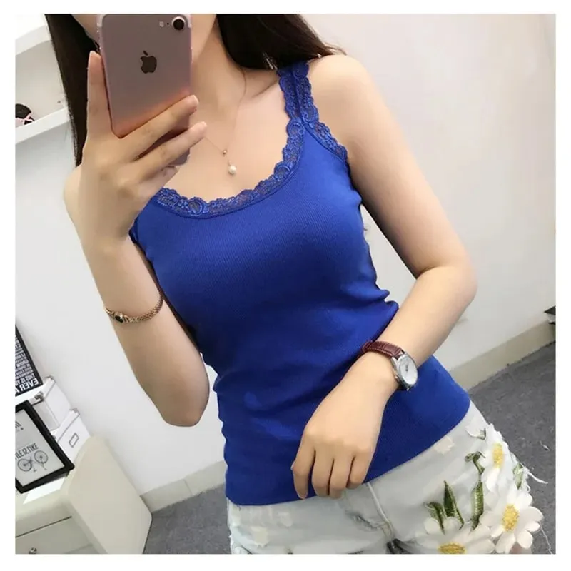 Summer Women Sleeveless Tanks Top Bodycon Temperament Sexy Lace Patchwork Tshirt Vest Tank Top Female Vest Tops Camis