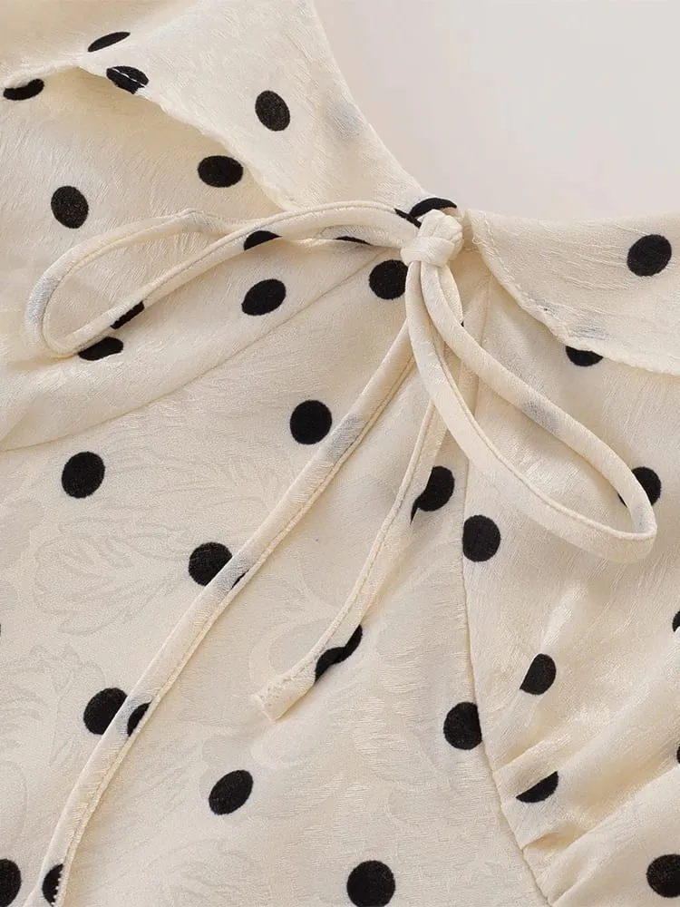 Chu Sau beauty Damen Neue Mode Süße Polka Dot Print Chic Rüschen Midikleid Französisch V-Ausschnitt Puffärmel Vintage Partykleider
