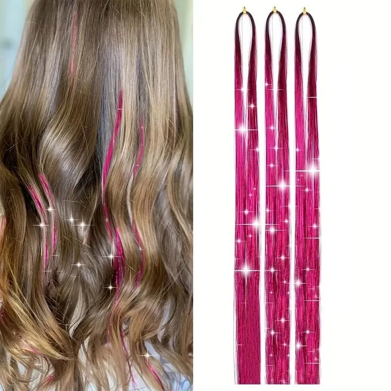 90cm Synthetic 3pcs/set Rainbow Colored Shiny Hair Laser Tinsel Long Straight Heat-Resistant Fairy Hair Extensions Party Daily