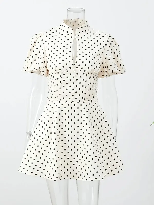Retro Polka Dot Mini A-line Dress Women Elegant Stand Collar Puff Short Sleeve Waist-cinching Dresses Lady Party Robe 2026 New