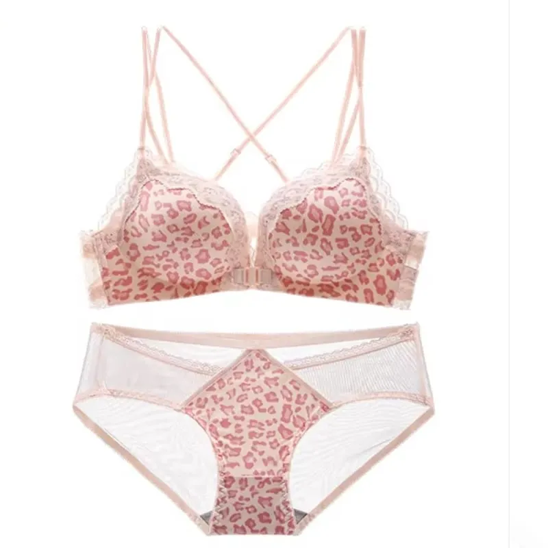 Women Bestselling Leopard Print Lingerie Set Front Closure Sexy Push Up Bra Lift Up Support Soft Daily Intimates Set
