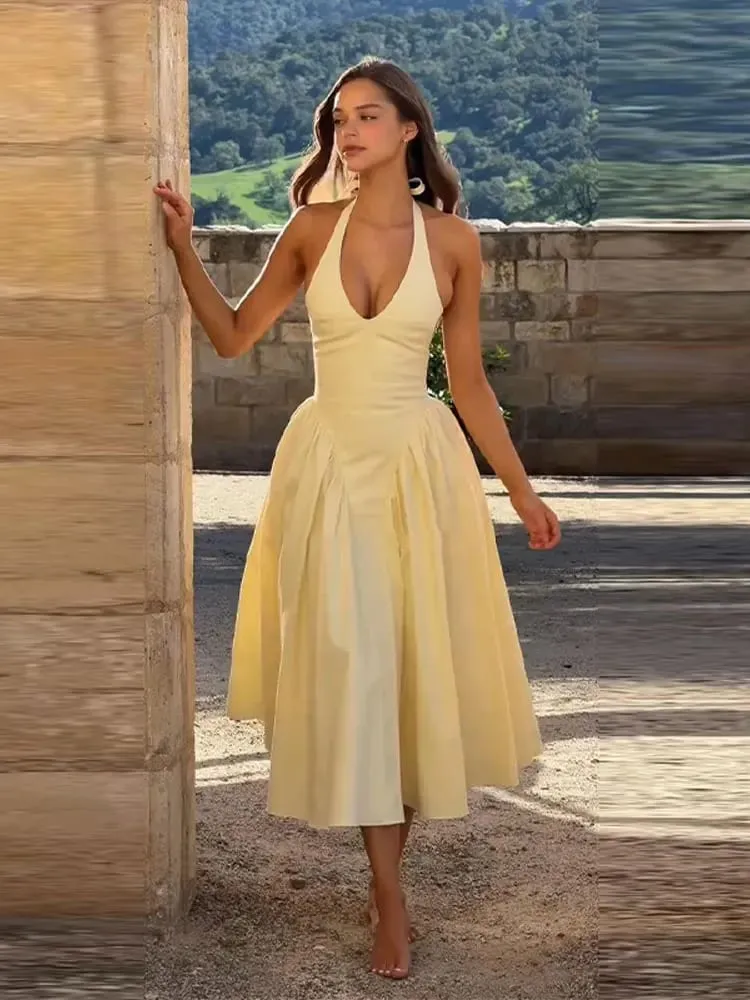 Women’s Dress Sexy Halter V Neck Sleeveless A Line Midi Evening Party Dress Female 2026 Summer Fashion Woman Vacation Vestidos