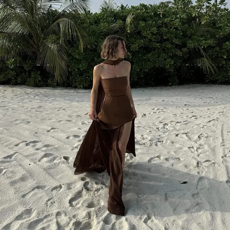Afslappet Halter Lang Kjole Kvinder Løs Forår Sommer Tube Top Rygfri Gulvlange Kjoler Dame Gul Robe Kvinde Ferie Stilfuld