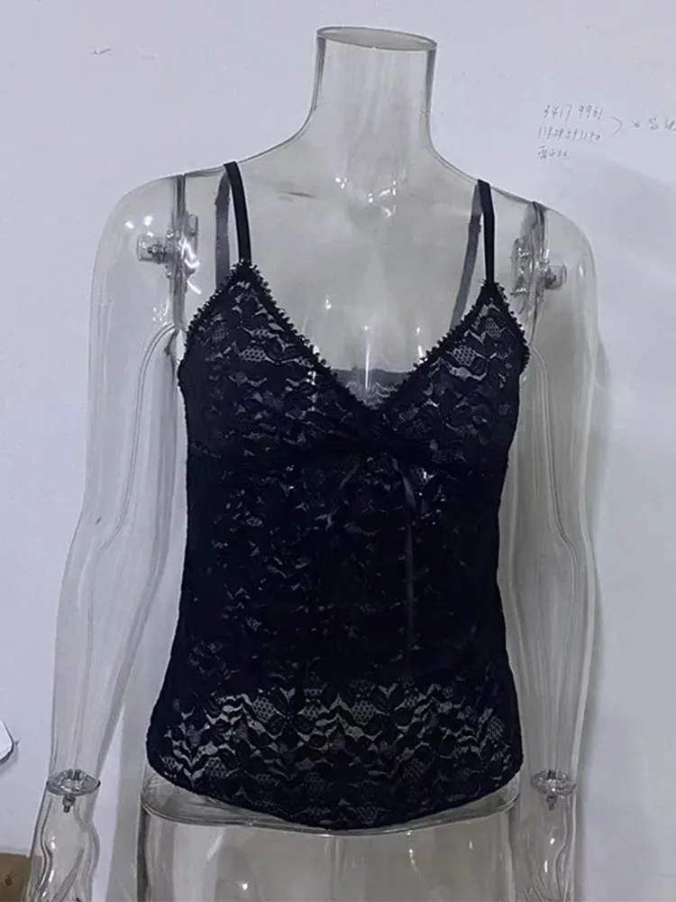 Black See through Lace Cami Crop Top Women's Summer Y2K Sleeveless V-Neck Sexy Tank Aesthetic 2000s Gothic Tee