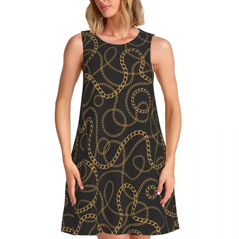 Gold Chain Casual Dress Vintage Print Korean Fashion Dresses Sleeveless Cute Dress Cheap Crew Neck Female Print Clothes