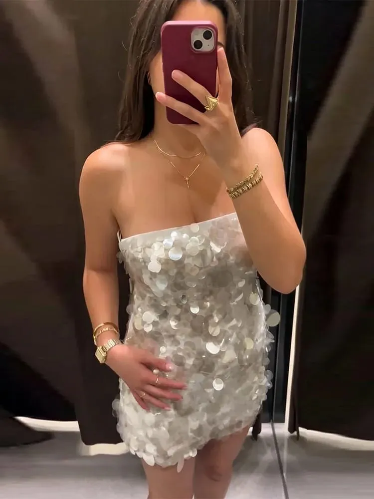 Chic Sequined Women's Dress Sleeveless Tube Top Slim Mini Dresses 2026 Summer Autumn Fashion Female Vacation Holiday Robe