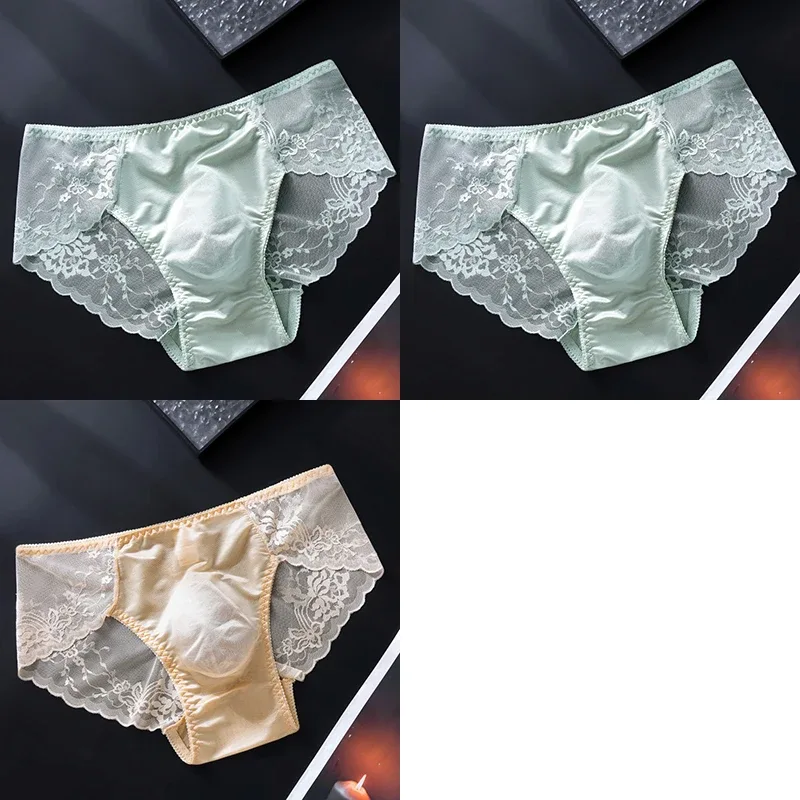 3PCS Men Sexy Lace Triangle Briefs Sexy Low Waist Seamless Panties Male Thin Breathable Comfortable Transparent Underwear