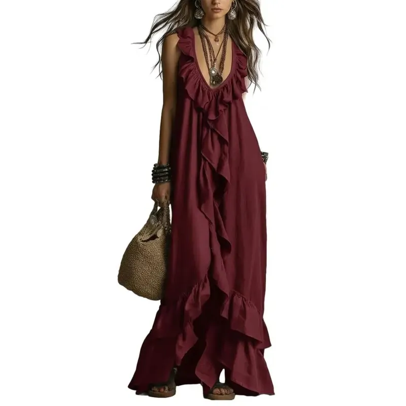 Boho Deep V Neck Sleeveless Dress Women Ruffle Swing Maxi Dress Summer Loose Solid Color Long Dresses